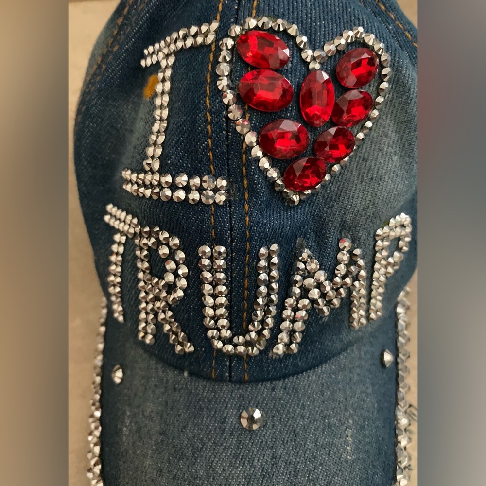 NWOT I Love Trump Blinged Out Denim Cotton Lightly Distressed Adjustable Cap - Picture 3 of 5